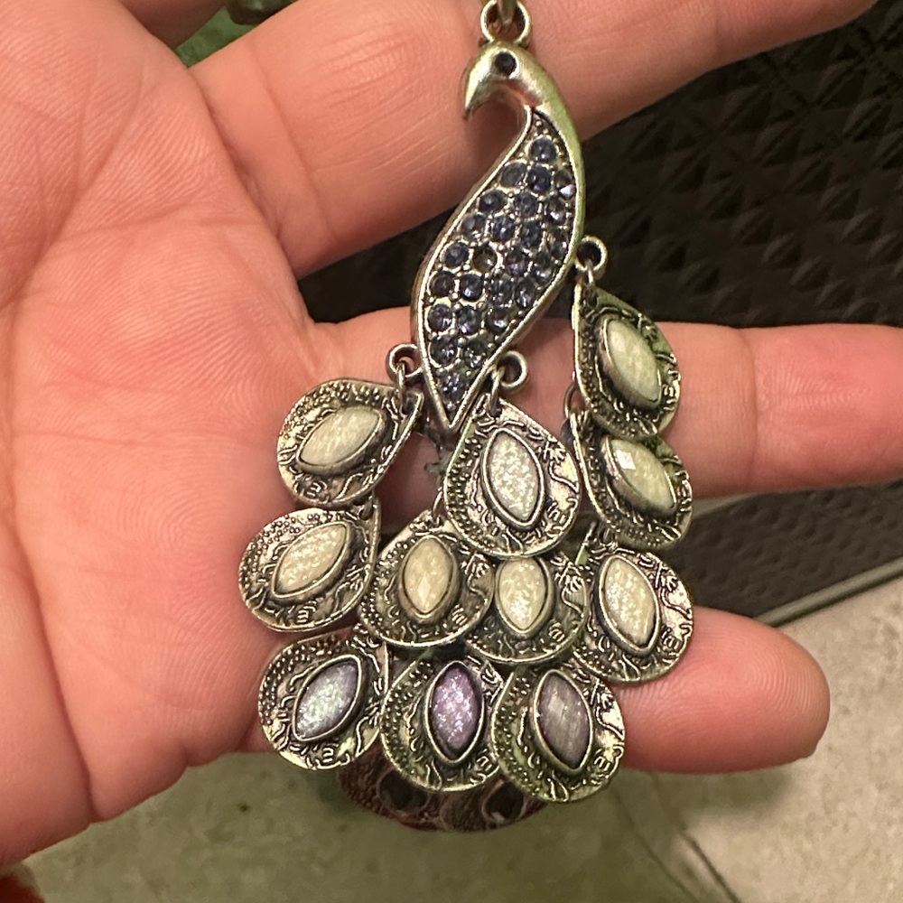 Peacock Pendant Necklace with Silver and Blue Accents